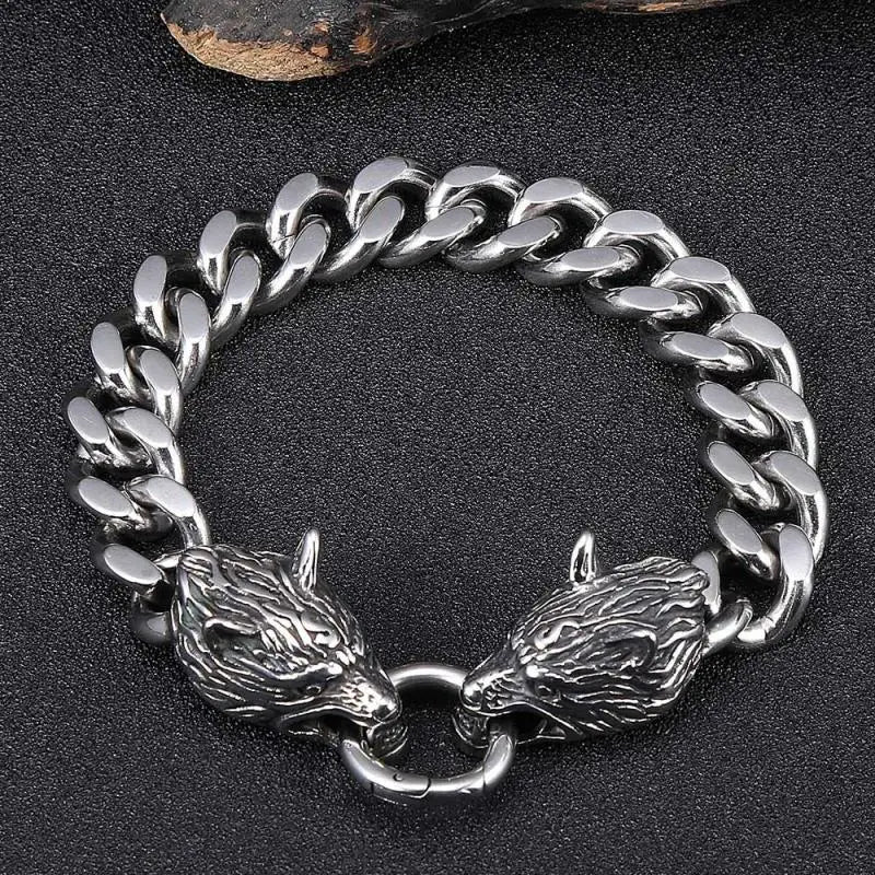 Punk  Domineering Fierce Double Wolf Head Bracelet Cuban Chain Men's Personality Rock Trend Party Jewelry Gift