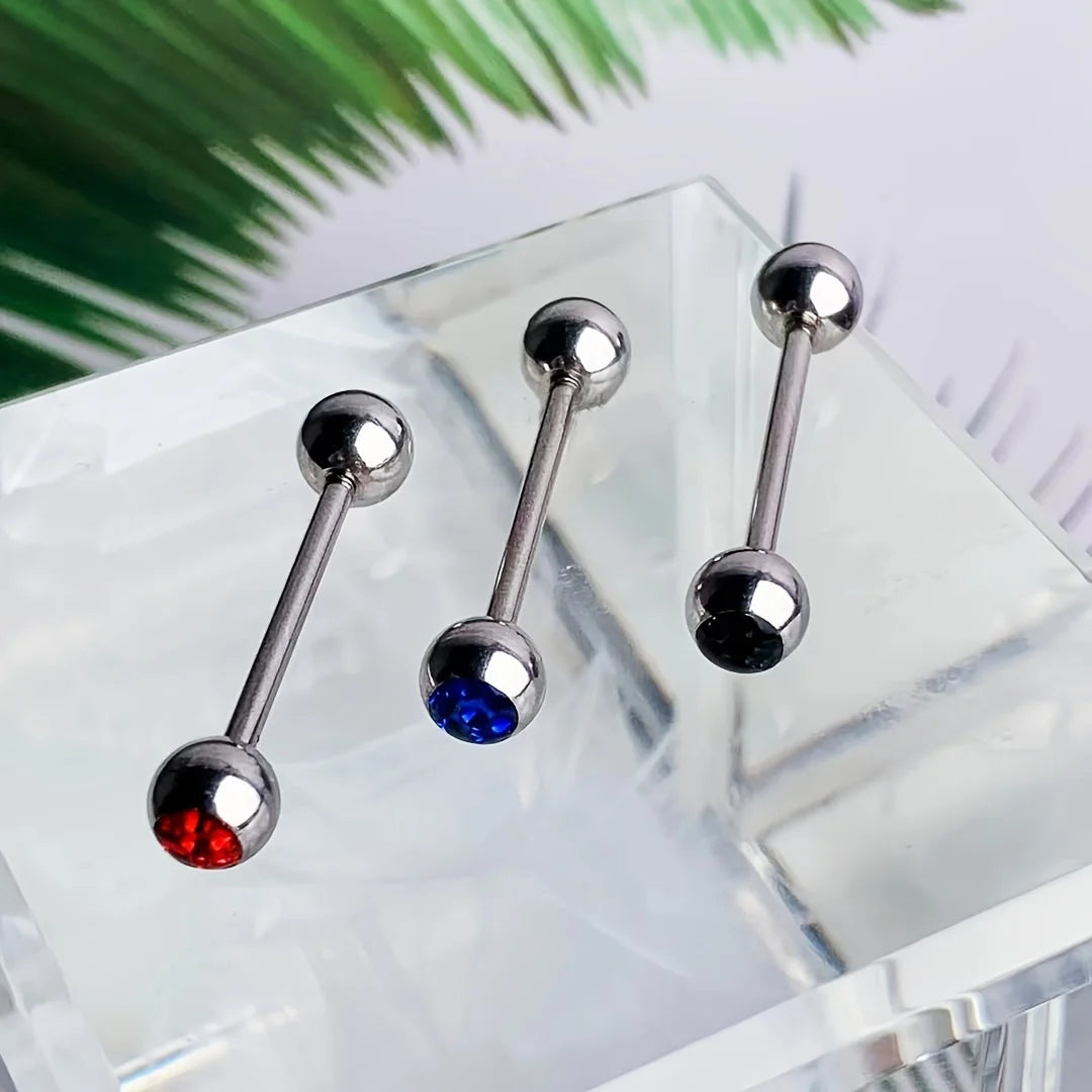 10pcs 14 Gauge With Rhinestone Straight Barbell Metal Tongue Piercing Jewelry ，Stainless Steel Tongue Rings, 12 -18mm Available