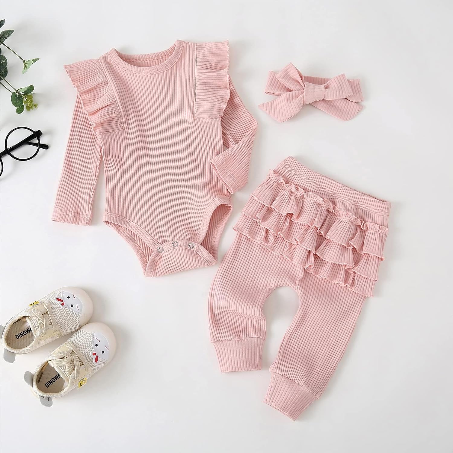 Fullfamous Baby Girl'S 3Pc Rib Frill Long Sleeve Romper and Pant Set