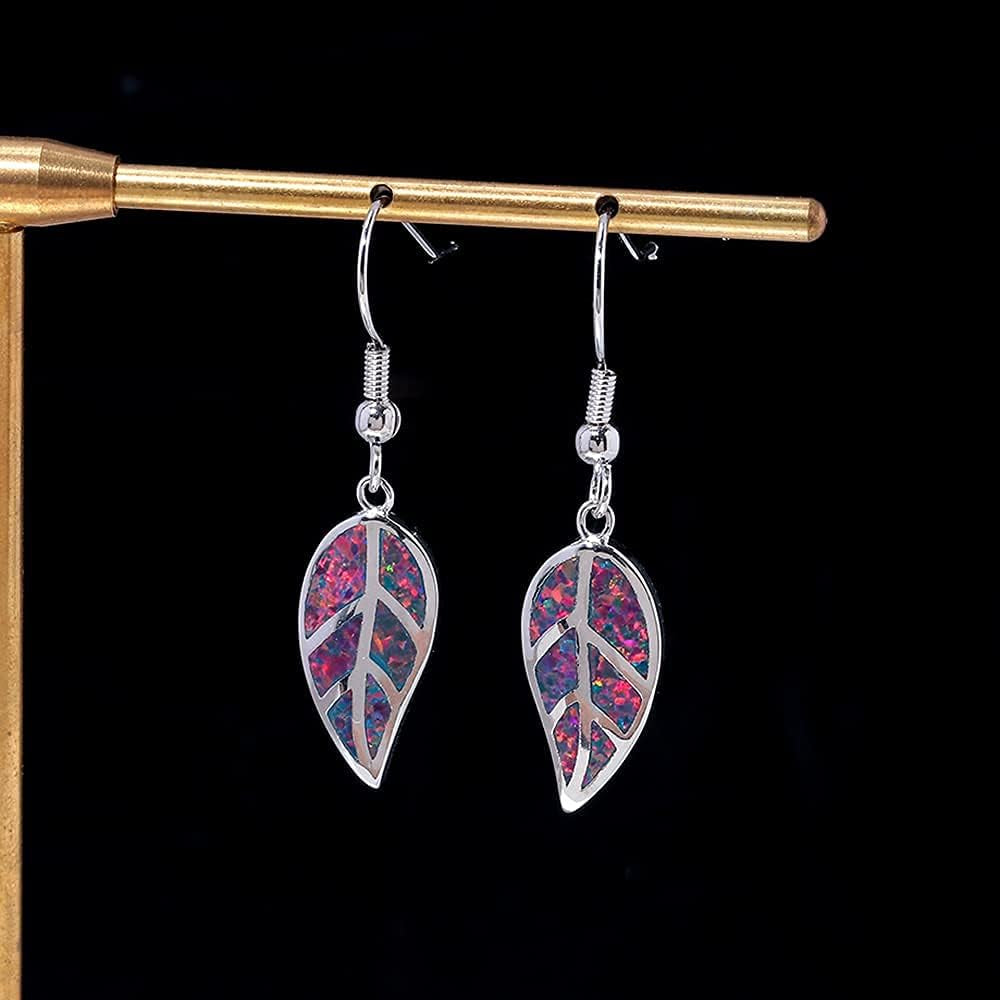 18K White Gold Plated Leaf Opal Dangle Drop Earrings for Women Teen Girls Hypoallergenic Opal Jewelry Gift