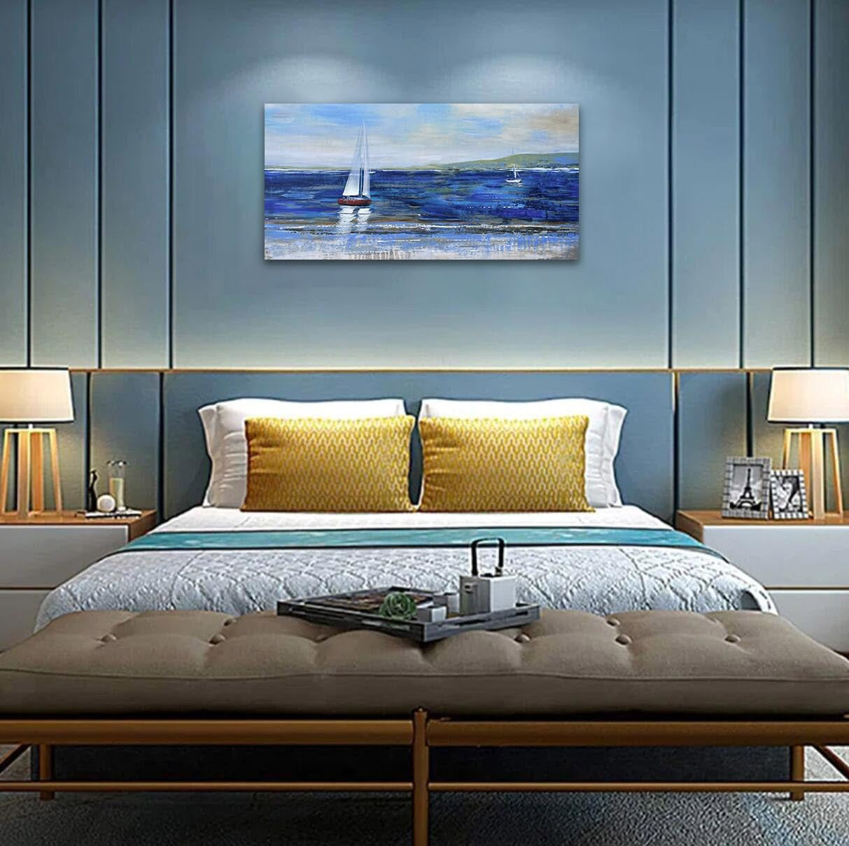 Blue Abstract Canvas Wall Art Seascape Painting Landscape Picture Textured Navy Blue Modern Sailboat Ocean Artwork Framed for Living Room Bedroom Bathroom Home Office Wall Decor, Large 40"X20"