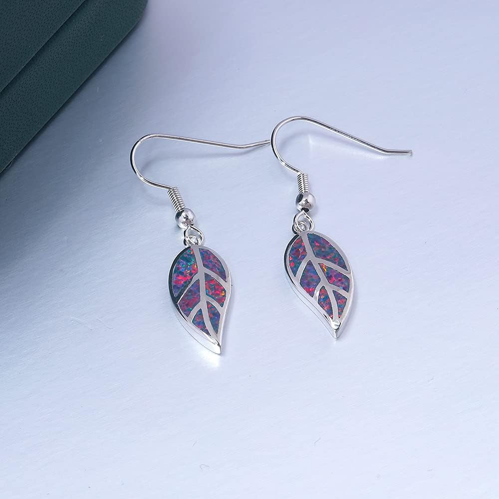 18K White Gold Plated Leaf Opal Dangle Drop Earrings for Women Teen Girls Hypoallergenic Opal Jewelry Gift