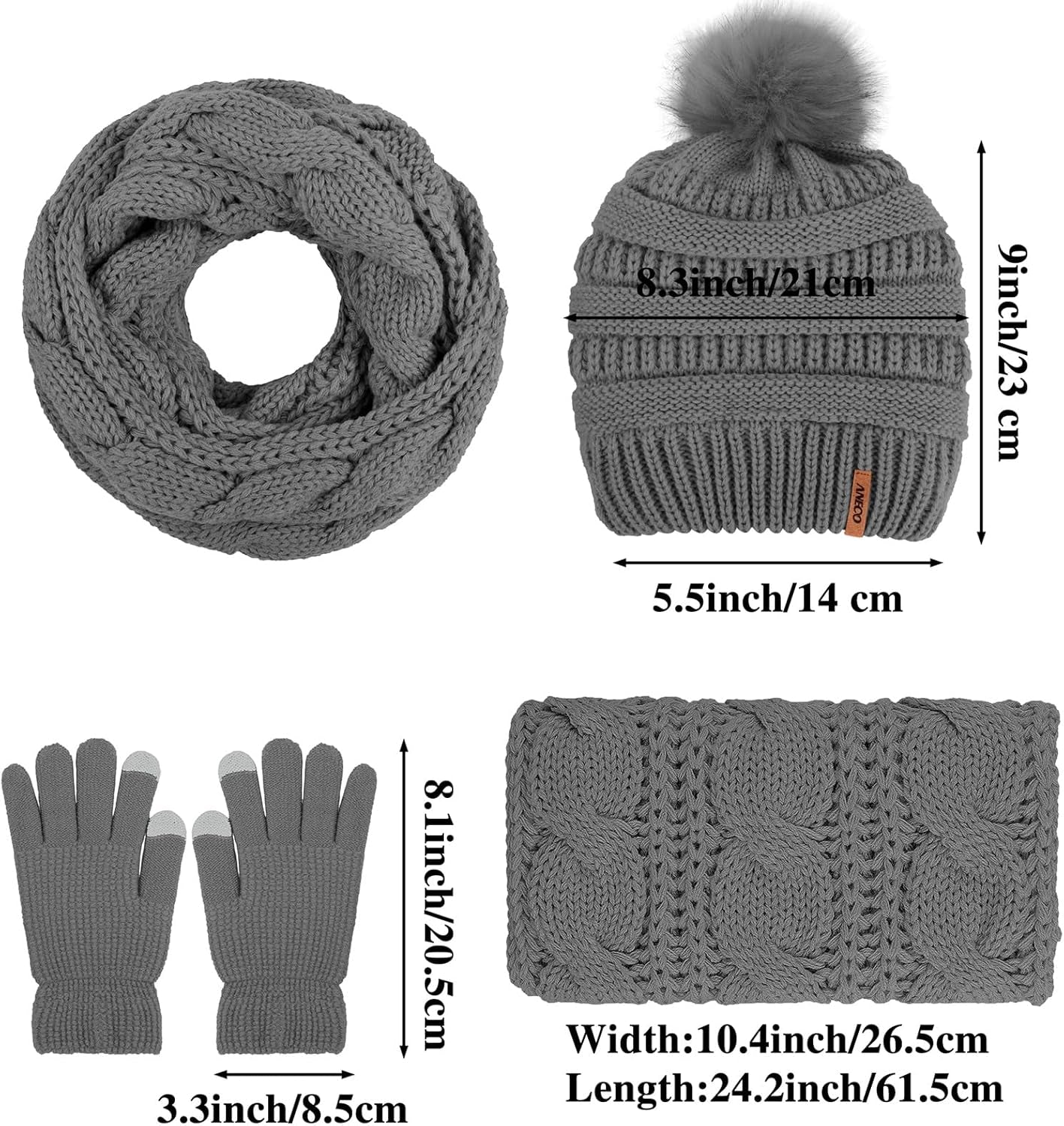 Womens Winter Warm Sets Knitted Fur Pompoms Beanie Hat Circle Loop Scarf Touch Screen Gloves Winter Favor Accessories