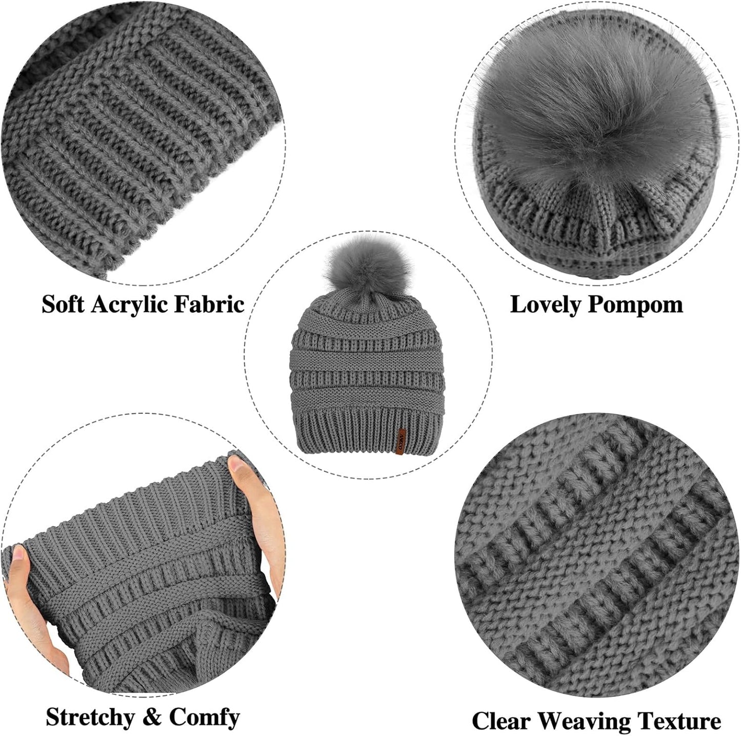 Womens Winter Warm Sets Knitted Fur Pompoms Beanie Hat Circle Loop Scarf Touch Screen Gloves Winter Favor Accessories